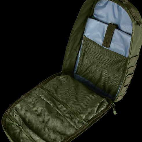 The Condor Venture Backpack 27.5L is open green, features mesh pockets, a light blue interior, and a padded sleeve with a Velcro strap.